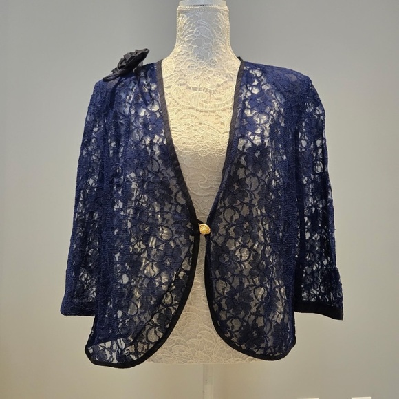 Tops - Navy Blue Lace Blazed and Matching Top with Flower Accent